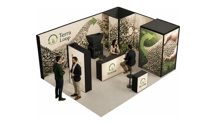 Stoisko 8 × 6 m narożne prawe dla branży recykling i ochrona środowiska, przykładowa marka Terra Loop