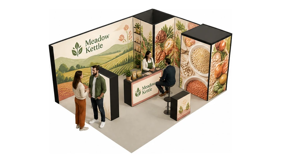 Stoisko 8 × 6 m narożne prawe dla branży żywność ekologiczna, przykładowa marka Meadow Kettle