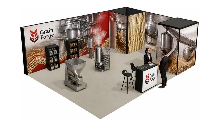 Stoisko 8 × 6 m narożne prawe dla branży technologie spożywcze, przykładowa marka Grain Forge