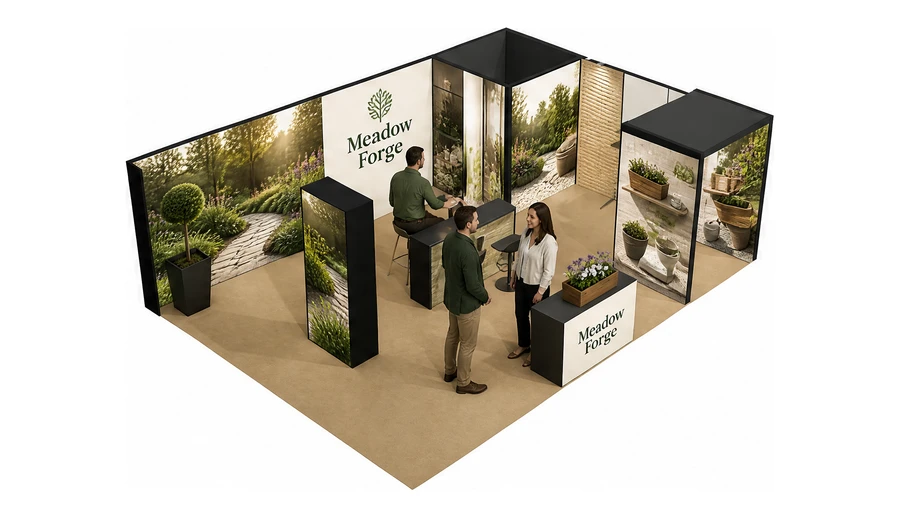 Stoisko 8 × 6 m narożne prawe dla branży ogród i architektura krajobrazu, przykładowa marka Meadow Forge