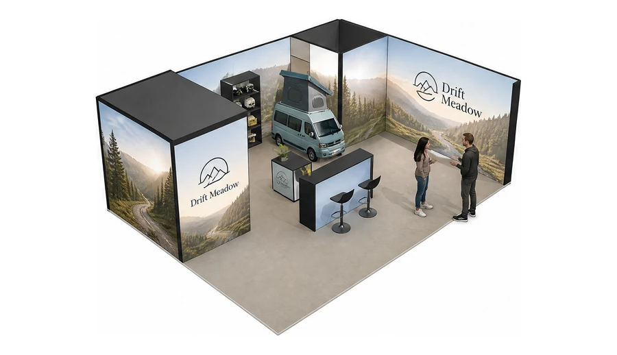 Stoisko 8 × 6 m narożne prawe dla branży caravaning i kampery, przykładowa marka Drift Meadow