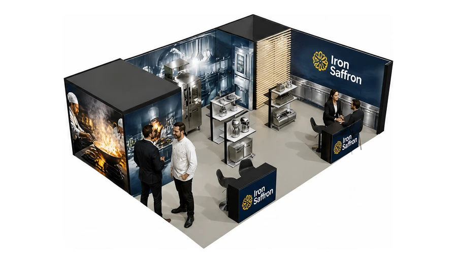 Stoisko 8 × 6 m narożne prawe dla branży wyposażenie gastronomii, przykładowa marka Iron Saffron