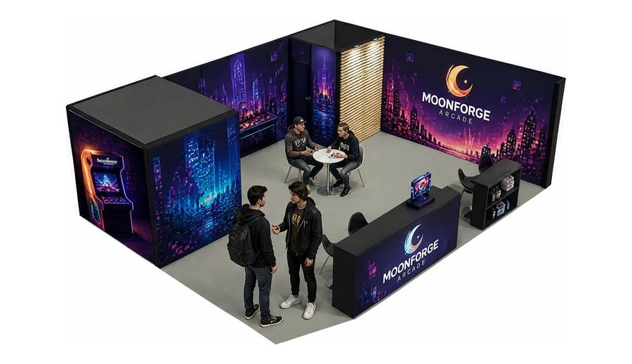 Stoisko 8 × 6 m narożne prawe dla branży gry wideo, przykładowa marka Moonforge Arcade
