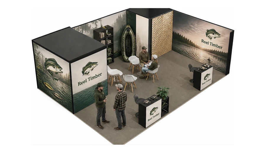 Stoisko 8 × 6 m narożne prawe dla branży wędkarstwo, przykładowa marka Reel Timber