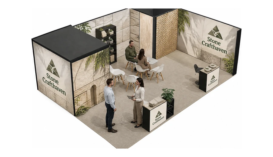Stoisko 8 × 6 m narożne prawe dla branży kamień i kamieniarstwo, przykładowa marka Stone Crafthaven