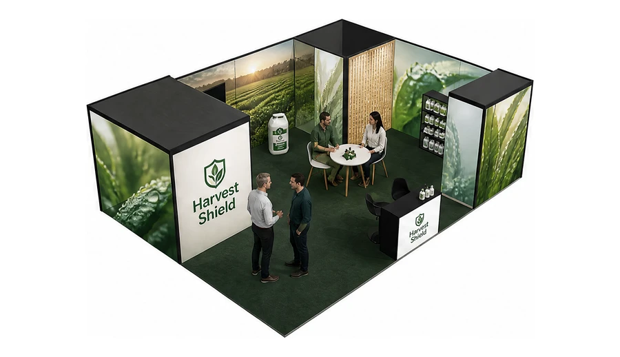 Stoisko 8 × 6 m narożne prawe dla branży nawozy i ochrona roślin, przykładowa marka Harvest Shield