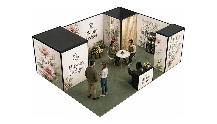 Stoisko 8 × 6 m narożne prawe dla branży rośliny i kwiaciarstwo, przykładowa marka Bloom Ledger
