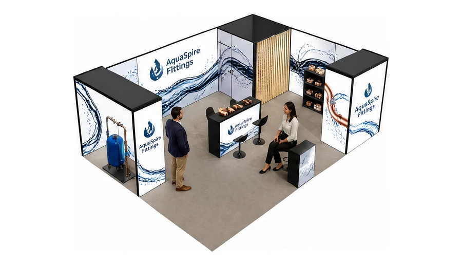 Stoisko 8 × 6 m narożne prawe dla branży instalacje wodno-kanalizacyjne, przykładowa marka AquaSpire Fittings