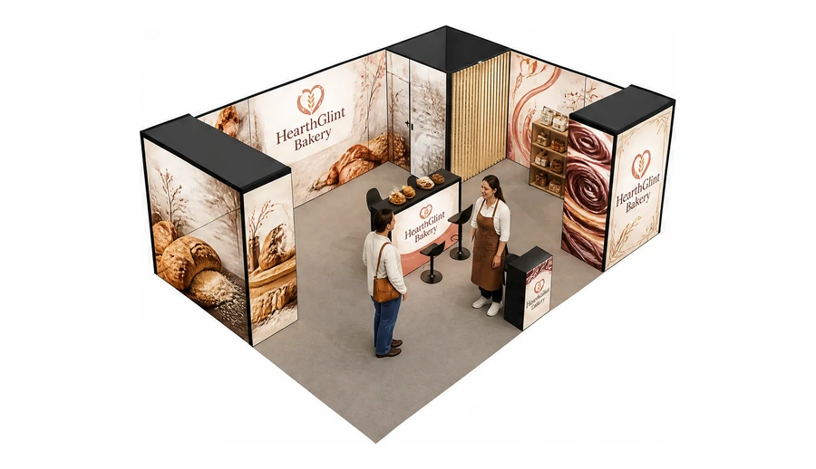 Stoisko 8 × 6 m narożne prawe dla branży piekarnictwo i cukiernictwo, przykładowa marka HearthGlint Bakery