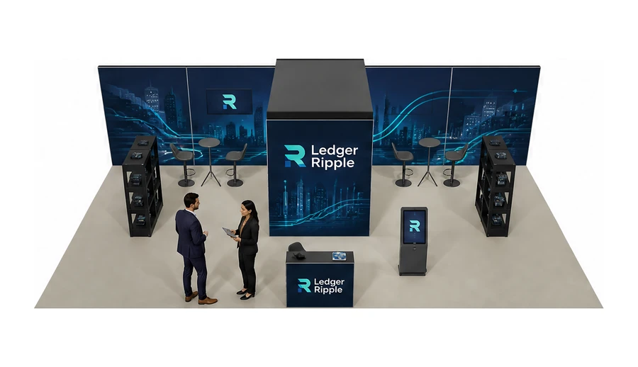 Stoisko 10 × 5 m półwyspowe dla branży płatności online, przykładowa marka Ledger Ripple