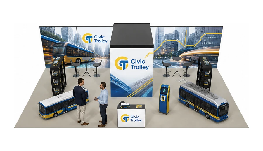 Stoisko 10 × 5 m półwyspowe dla branży autobusy i transport zbiorowy, przykładowa marka Civic Trolley