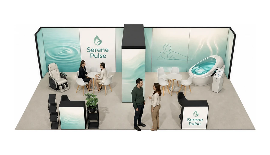 Stoisko 10 × 5 m półwyspowe dla branży spa i wellness, przykładowa marka Serene Pulse