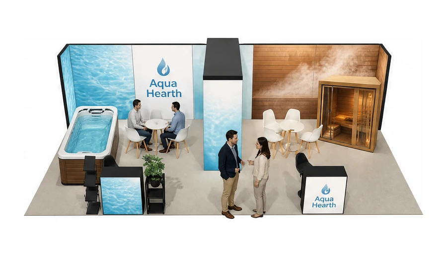 Stoisko 10 × 5 m półwyspowe dla branży baseny i sauny, przykładowa marka Aqua Hearth