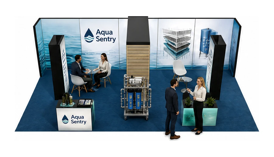 Stoisko 10 × 5 m półwyspowe dla branży technologie wodne, przykładowa marka Aqua Sentry