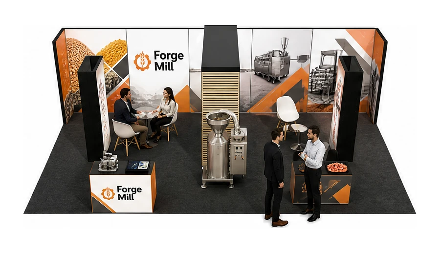 Stoisko 10 × 5 m półwyspowe dla branży technologie spożywcze, przykładowa marka Forge Mill