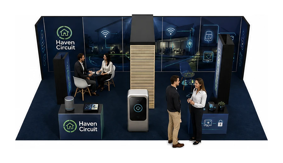 Stoisko 10 × 5 m półwyspowe dla branży smart home i IoT, przykładowa marka Haven Circuit
