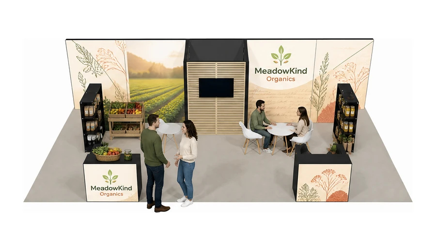 Stoisko 10 × 5 m półwyspowe dla branży żywność ekologiczna, przykładowa marka MeadowKind Organics