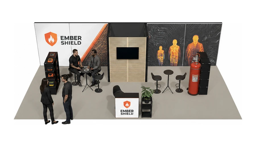 Stoisko 10 × 5 m półwyspowe dla branży ochrona przeciwpożarowa, przykładowa marka Ember Shield