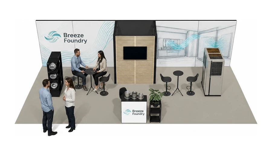 Stoisko 10 × 5 m półwyspowe dla branży wentylacja i klimatyzacja, przykładowa marka Breeze Foundry