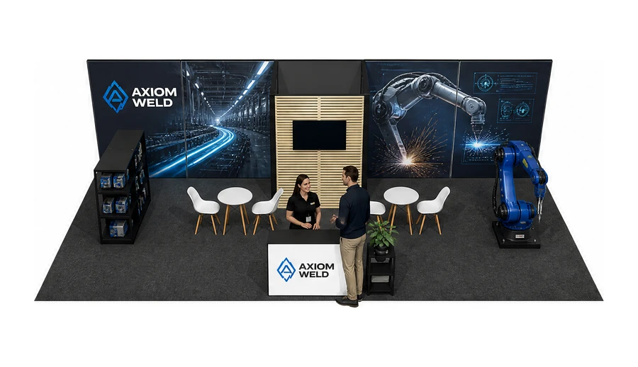 Stoisko 10 × 5 m półwyspowe dla branży automatyka przemysłowa, przykładowa marka Axiom Weld