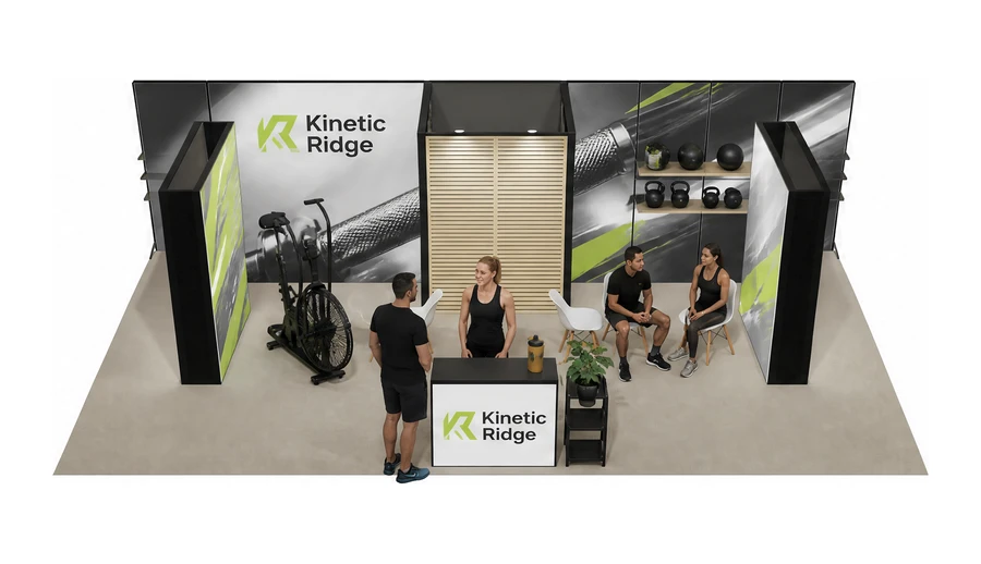 Stoisko 10 × 5 m półwyspowe dla branży fitness i siłownie, przykładowa marka Kinetic Ridge