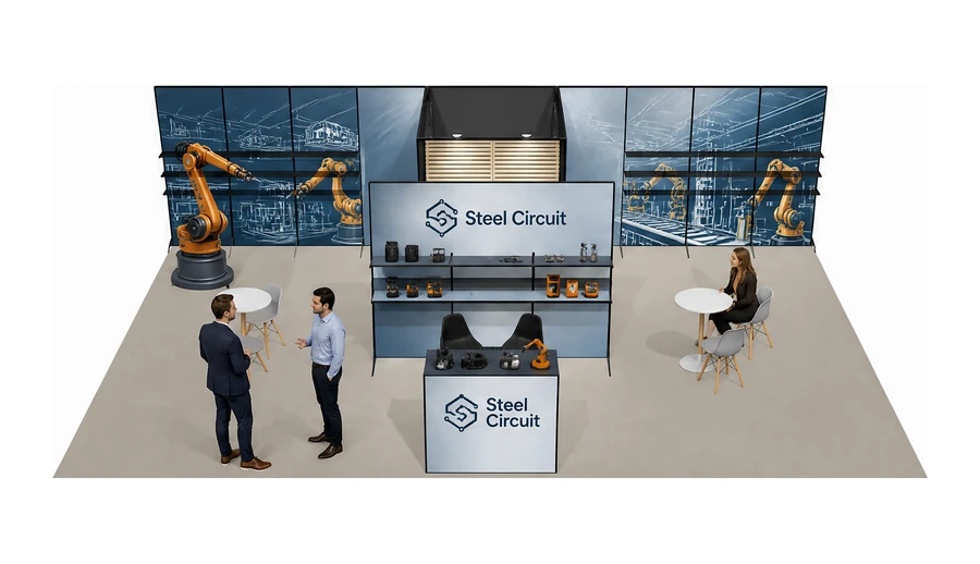 Stoisko 10 × 5 m półwyspowe dla branży automatyka przemysłowa, przykładowa marka Steel Circuit