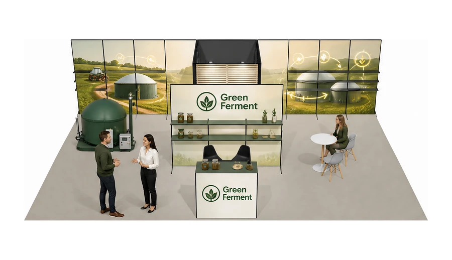 Stoisko 10 × 5 m półwyspowe dla branży biogaz i OZE, przykładowa marka Green Ferment