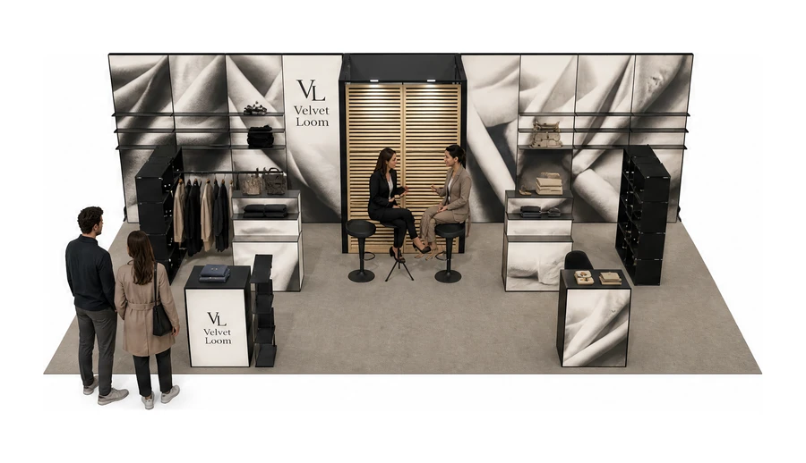 Stoisko 10 × 5 m półwyspowe dla branży odzież i moda, przykładowa marka Velvet Loom