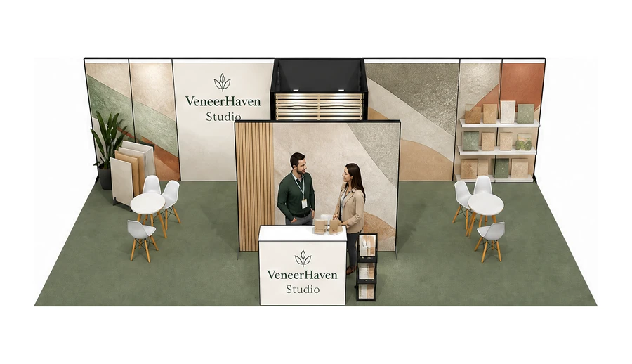 Stoisko 10 × 5 m półwyspowe dla branży wykończenie wnętrz, przykładowa marka VeneerHaven Studio