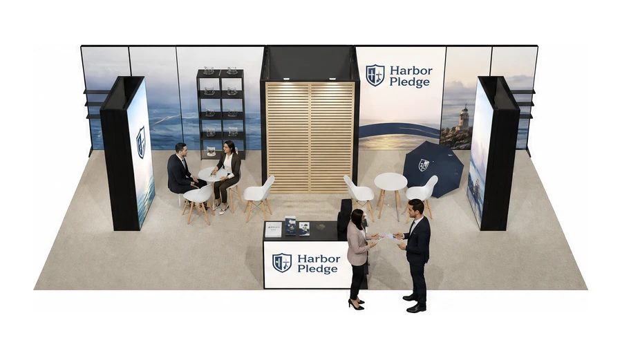 Stoisko 10 × 5 m półwyspowe dla branży ubezpieczenia, przykładowa marka Harbor Pledge
