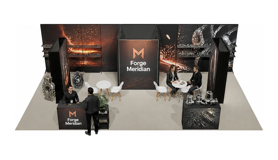 Stoisko 10 × 5 m półwyspowe dla branży obróbka metali i odlewnictwo, przykładowa marka Forge Meridian