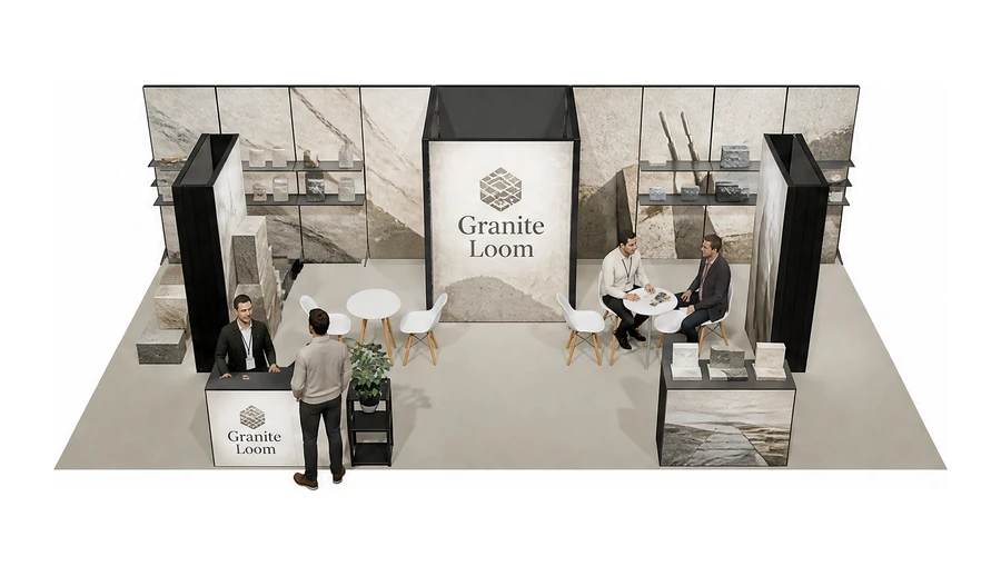 Stoisko 10 × 5 m półwyspowe dla branży kamień i kamieniarstwo, przykładowa marka Granite Loom