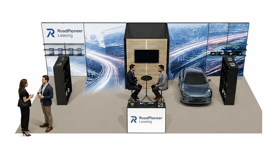 Stoisko 10 × 5 m półwyspowe dla branży flota i leasing aut, przykładowa marka RoadPioneer Leasing