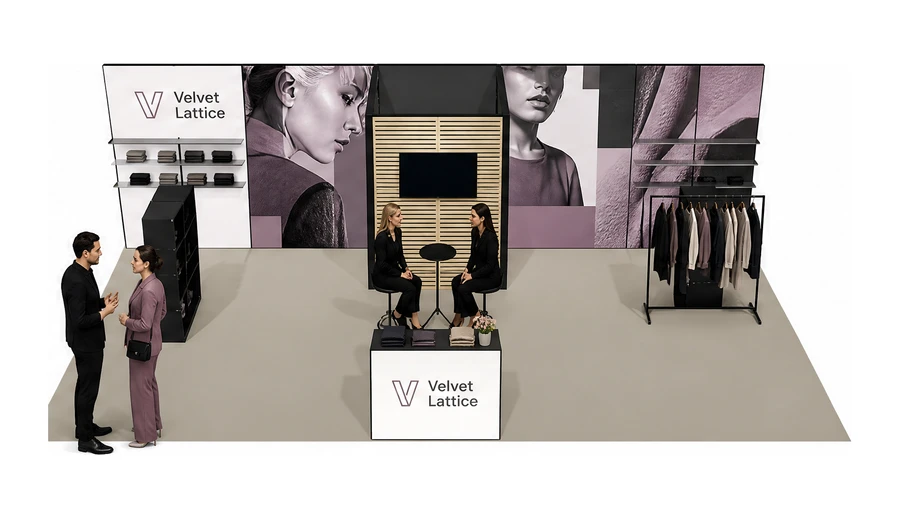 Stoisko 10 × 5 m półwyspowe dla branży odzież i moda, przykładowa marka Velvet Lattice