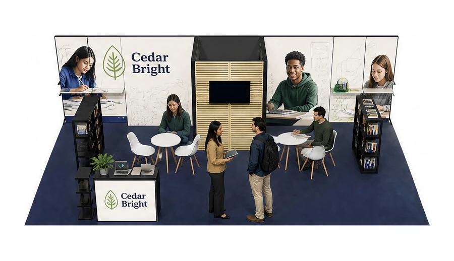 Stoisko 10 × 5 m półwyspowe dla branży edukacja i szkolenia, przykładowa marka Cedar Bright