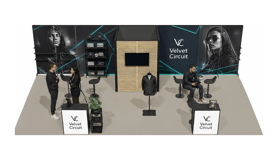 Stoisko 10 × 5 m półwyspowe dla branży odzież i moda, przykładowa marka Velvet Circuit
