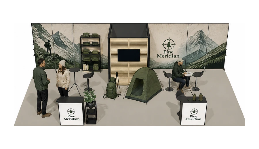 Stoisko 10 × 5 m półwyspowe dla branży odzież i sprzęt outdoorowy, przykładowa marka Pine Meridian