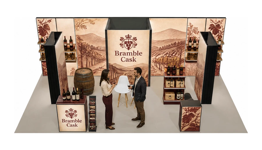 Stoisko 10 × 5 m półwyspowe dla branży winnica, przykładowa marka Bramble Cask