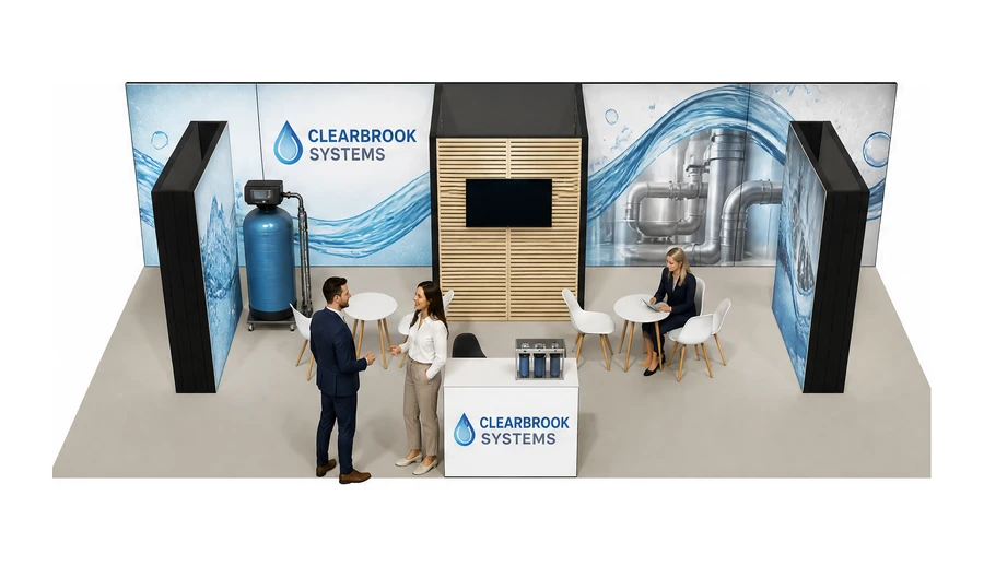 Stoisko 10 × 5 m półwyspowe dla branży technologie wodne, przykładowa marka Clearbrook Systems