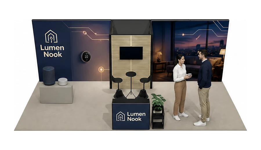Stoisko 10 × 5 m półwyspowe dla branży smart home i IoT, przykładowa marka Lumen Nook