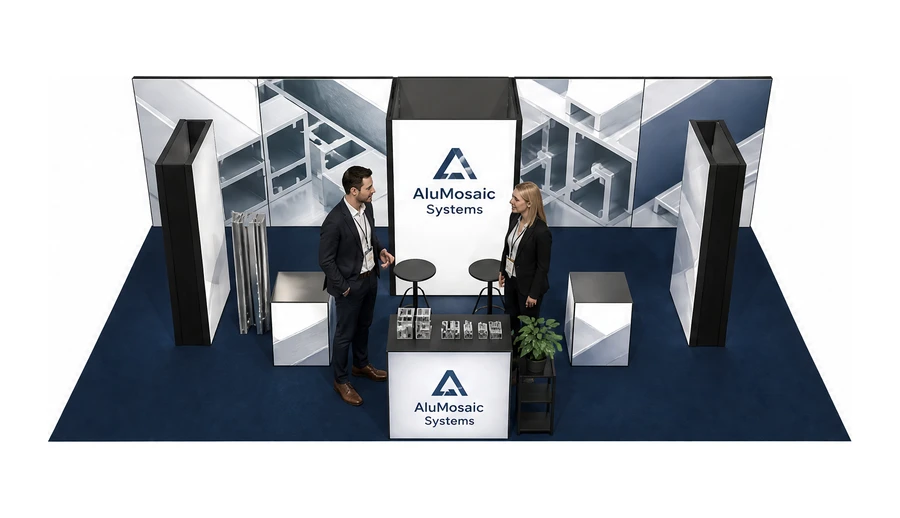 Stoisko 10 × 5 m półwyspowe dla branży profile aluminiowe, przykładowa marka AluMosaic Systems