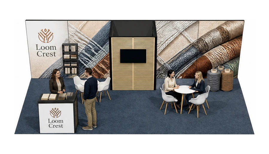 Stoisko 10 × 5 m półwyspowe dla branży tekstylia i tkaniny, przykładowa marka Loom Crest