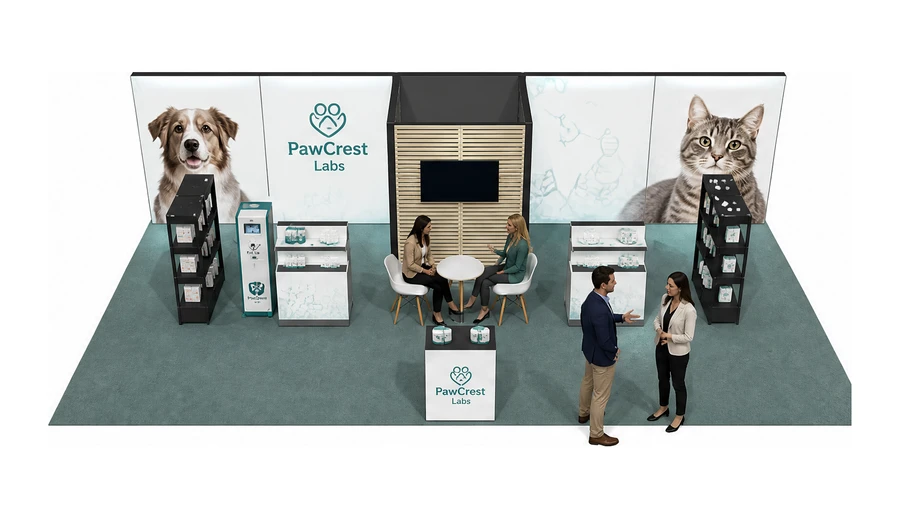 Stoisko 10 × 5 m półwyspowe dla branży weterynaria, przykładowa marka PawCrest Labs