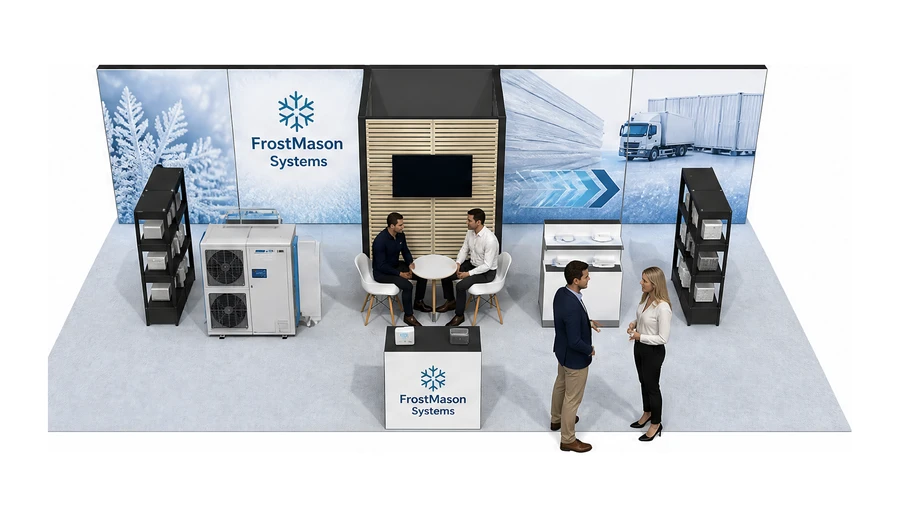 Stoisko 10 × 5 m półwyspowe dla branży łańcuch chłodniczy, przykładowa marka FrostMason Systems