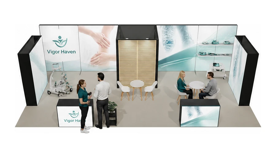 Stoisko 10 × 5 m półwyspowe dla branży rehabilitacja i fizjoterapia, przykładowa marka Vigor Haven
