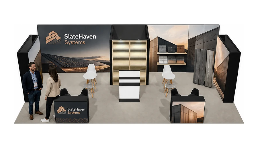 Stoisko 10 × 5 m półwyspowe dla branży dachy i elewacje, przykładowa marka SlateHaven Systems