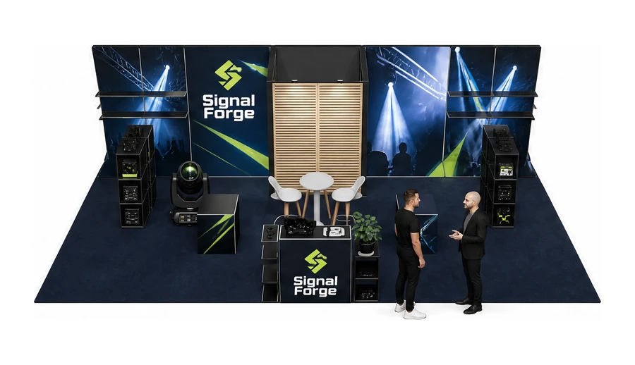 Stoisko 10 × 5 m półwyspowe dla branży branża eventowa, przykładowa marka Signal Forge