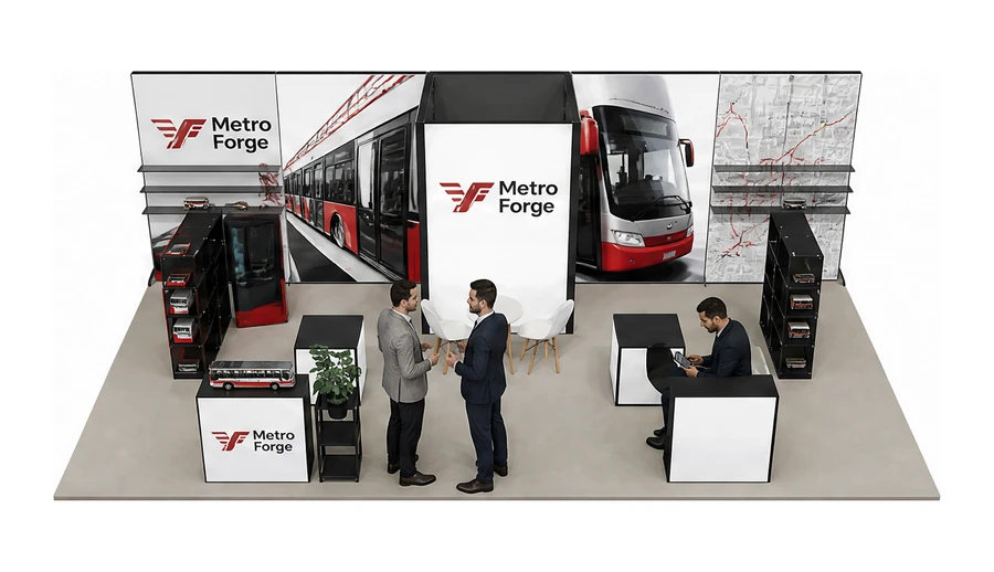 Stoisko 10 × 5 m półwyspowe dla branży autobusy i transport zbiorowy, przykładowa marka Metro Forge