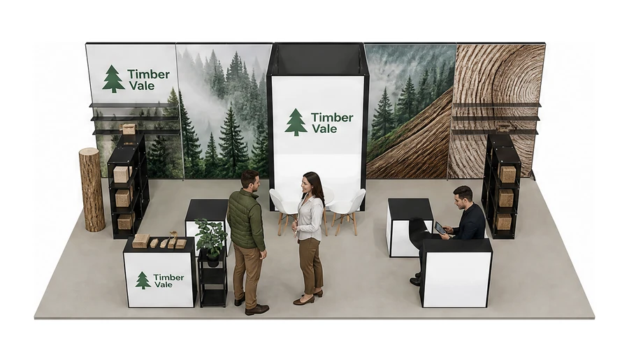 Stoisko 10 × 5 m półwyspowe dla branży leśnictwo i przemysł drzewny, przykładowa marka Timber Vale