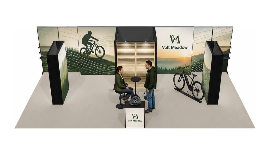 Stoisko 10 × 5 m półwyspowe dla branży rowery elektryczne, przykładowa marka Volt Meadow